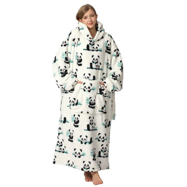 Lange sherpa deken-hoodie met leuke prints en grote zak