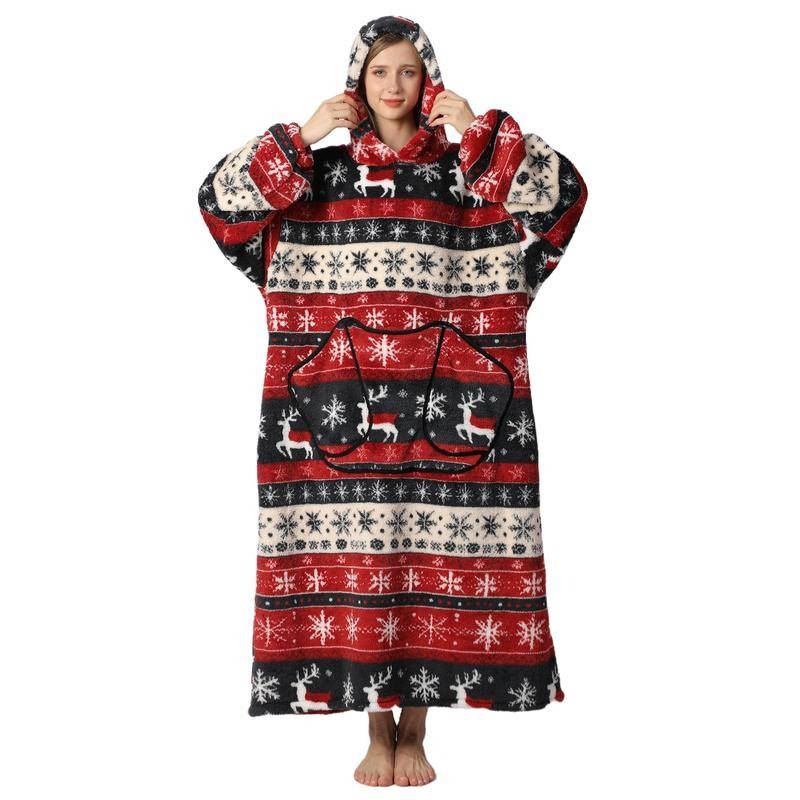 Lange sherpa deken-hoodie met leuke prints en grote zak