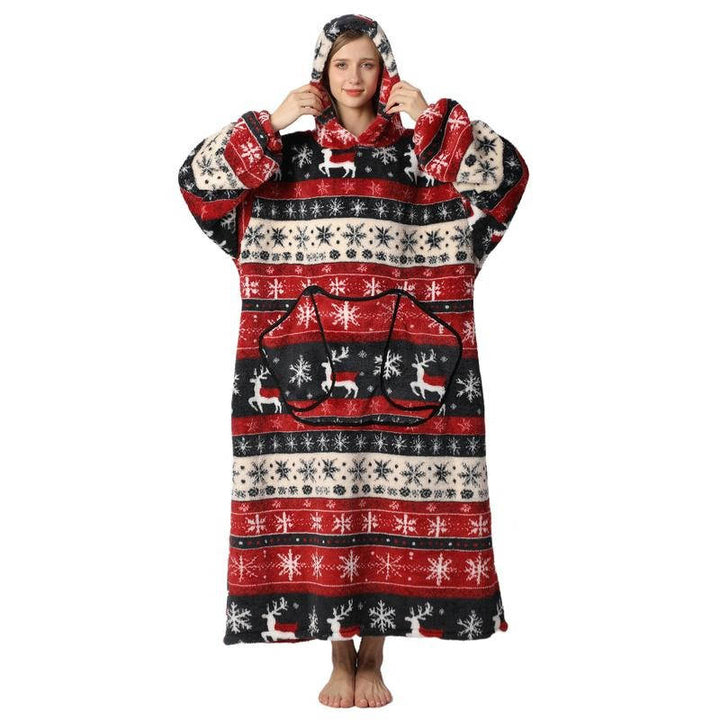 Lange sherpa deken-hoodie met leuke prints en grote zak