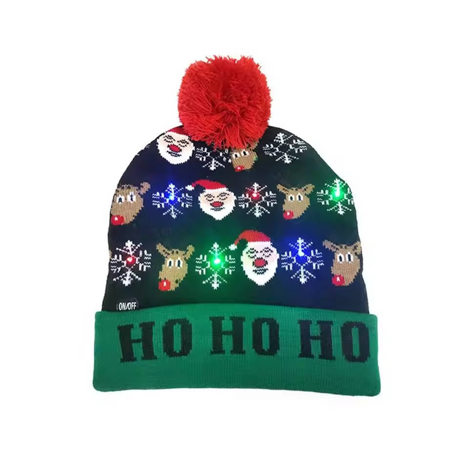 Hollevo™ Lichtgevende gebreide kerstmuts met pompon en ledlampjes