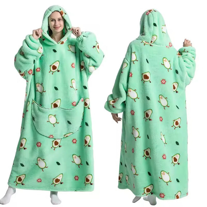 Lange sherpa deken-hoodie met leuke prints en grote zak
