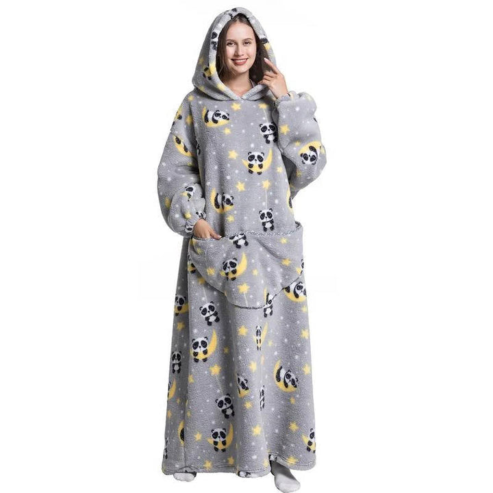 Lange sherpa deken-hoodie met leuke prints en grote zak