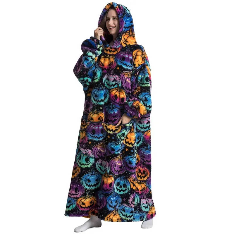 Lange sherpa deken-hoodie met leuke prints en grote zak