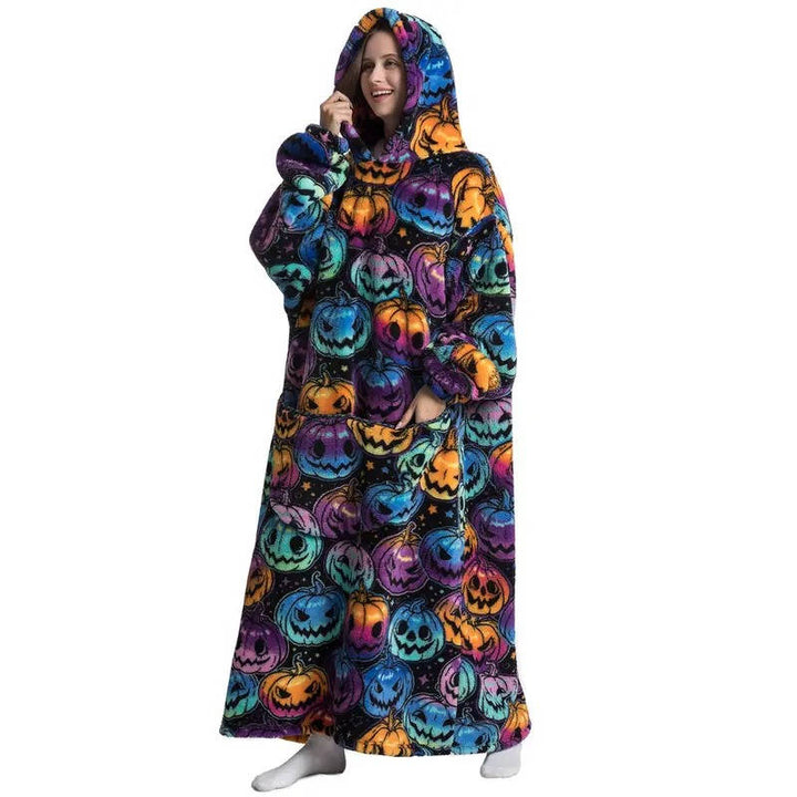 Lange sherpa deken-hoodie met leuke prints en grote zak