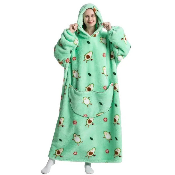 Lange sherpa deken-hoodie met leuke prints en grote zak