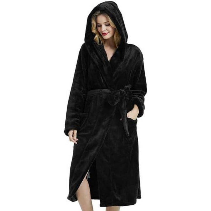Hollevo™ Lange fleece badjas voor dames met capuchon, ceintuur en zakken