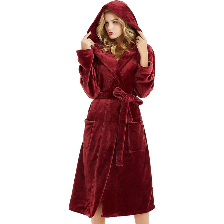 Hollevo™ Lange fleece badjas voor dames met capuchon, ceintuur en zakken