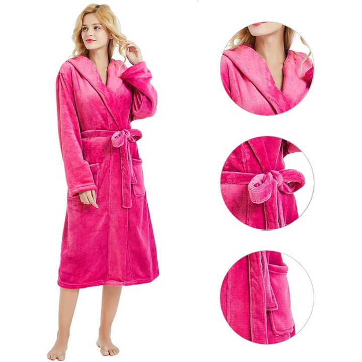 Hollevo™ Lange fleece badjas voor dames met capuchon, ceintuur en zakken