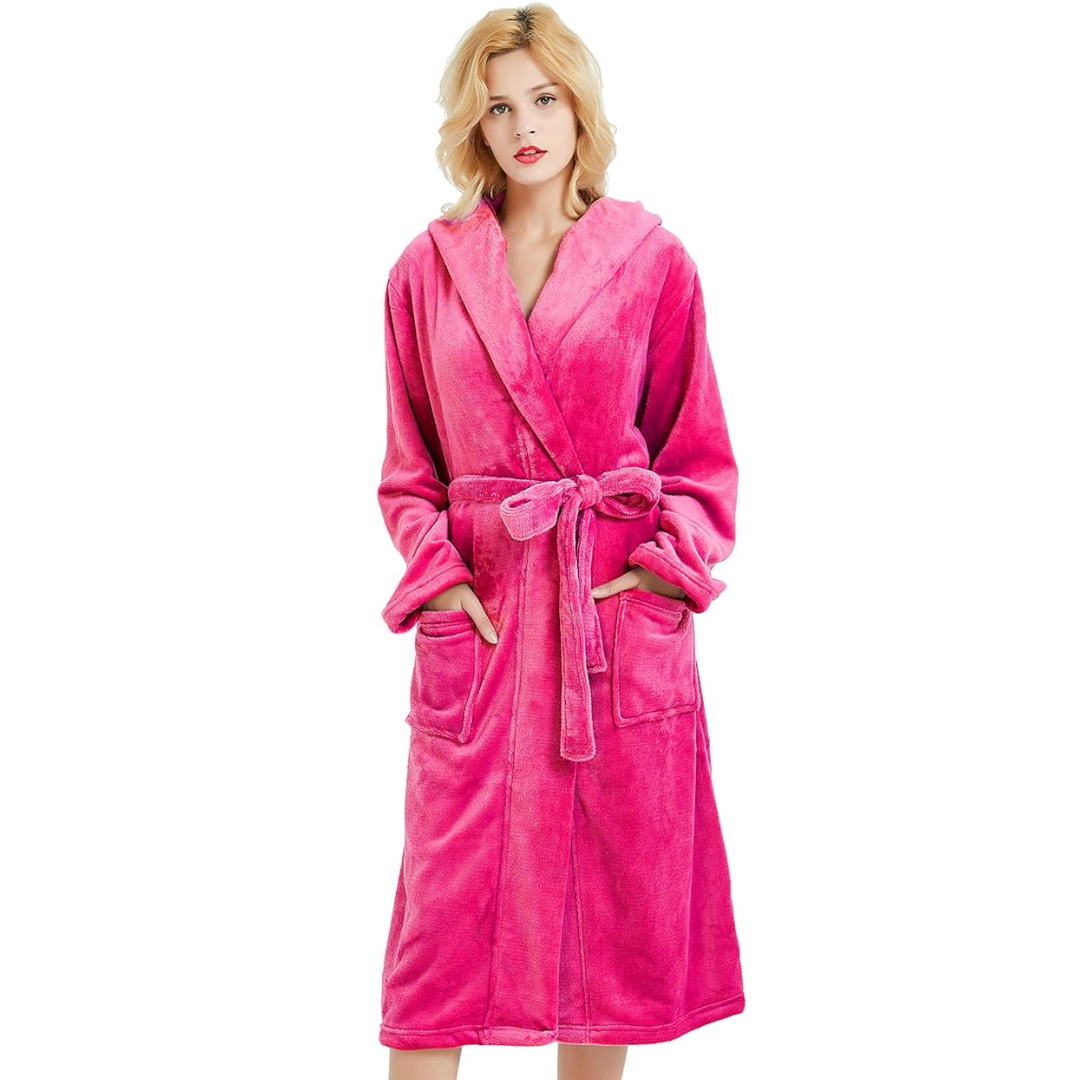 Hollevo™ Lange fleece badjas voor dames met capuchon, ceintuur en zakken