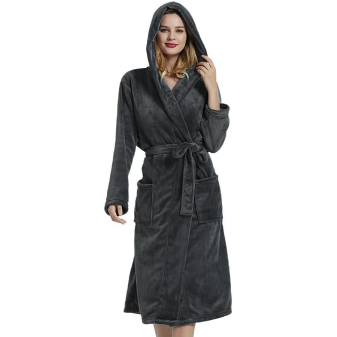 Hollevo™ Lange fleece badjas voor dames met capuchon, ceintuur en zakken