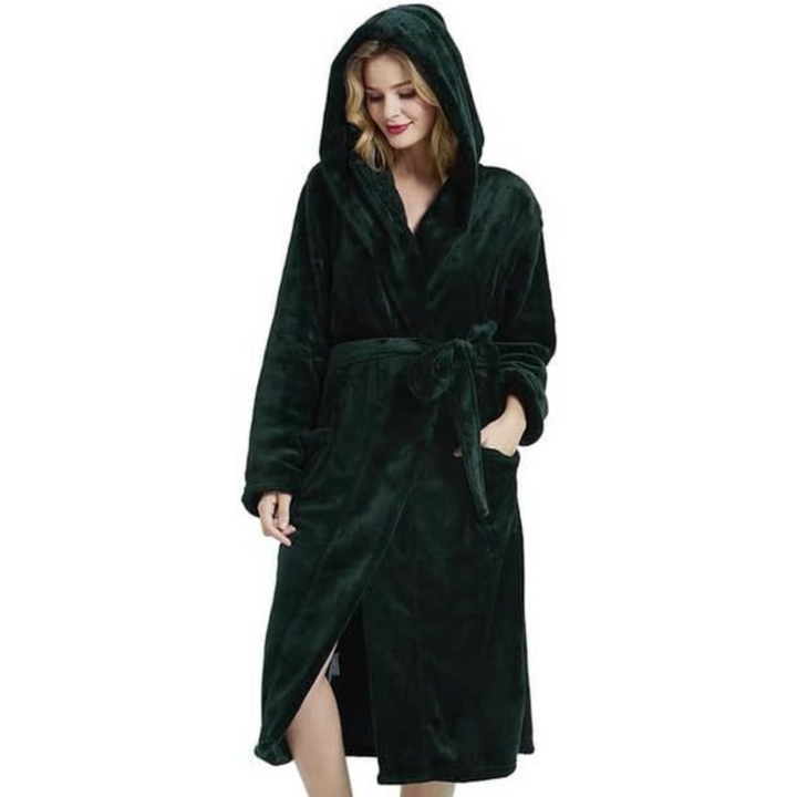 Hollevo™ Lange fleece badjas voor dames met capuchon, ceintuur en zakken