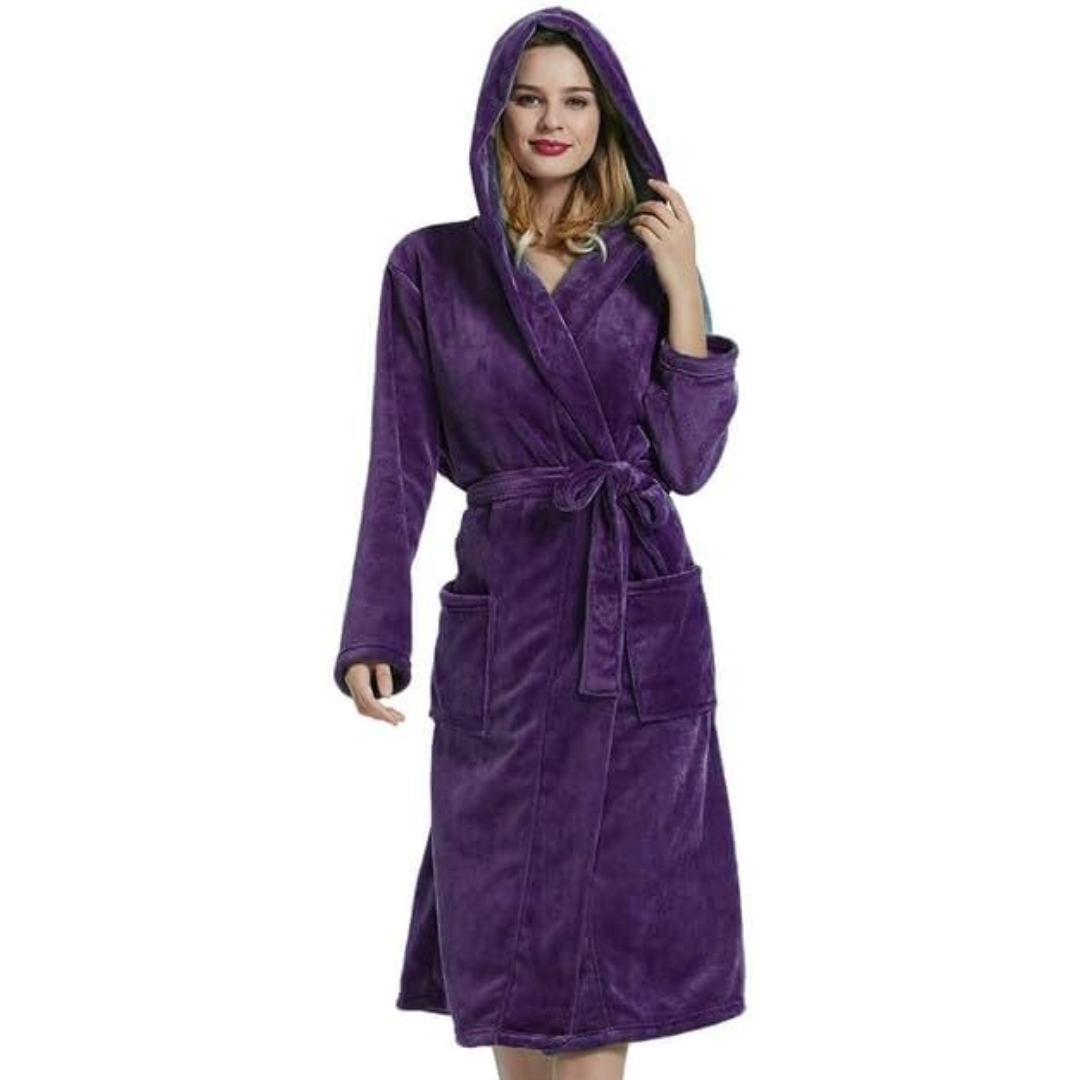 Hollevo™ Lange fleece badjas voor dames met capuchon, ceintuur en zakken