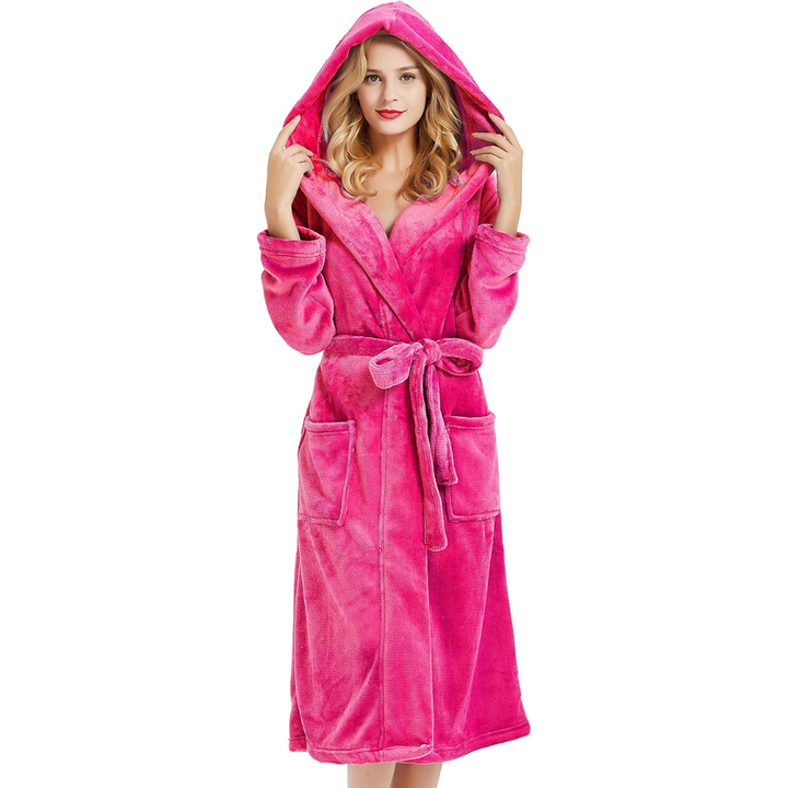 Hollevo™ Lange fleece badjas voor dames met capuchon, ceintuur en zakken