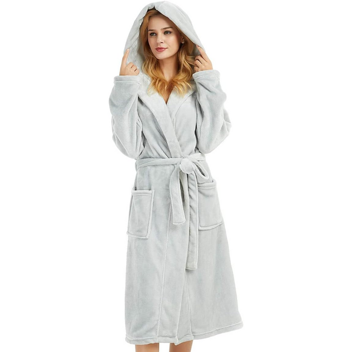 Hollevo™ Lange fleece badjas voor dames met capuchon, ceintuur en zakken