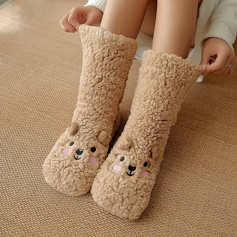 Fleece sokken met beertje en antislipzool