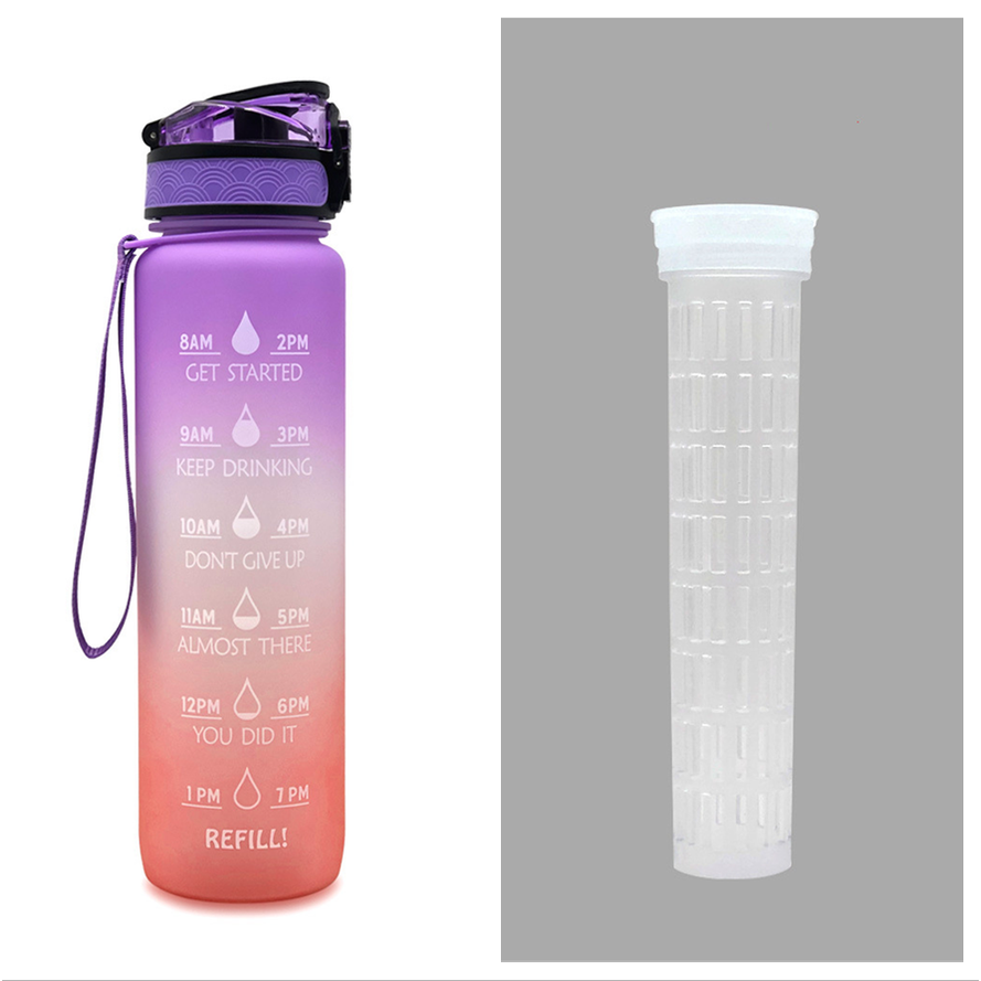 Motiverende waterfles 1 liter met tijdmarkeringen en fruitfilter