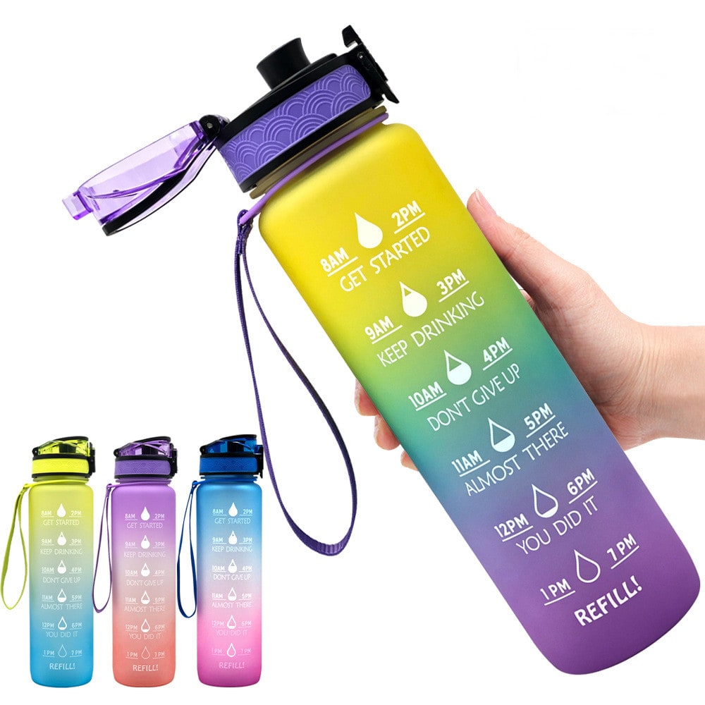 Motiverende waterfles 1 liter met tijdmarkeringen en fruitfilter