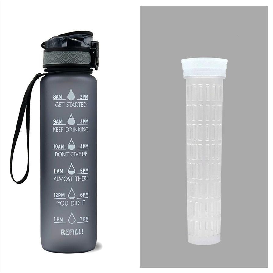 Motiverende waterfles 1 liter met tijdmarkeringen en fruitfilter