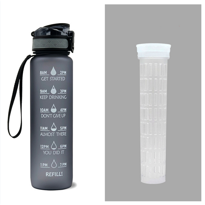 Motiverende waterfles 1 liter met tijdmarkeringen en fruitfilter