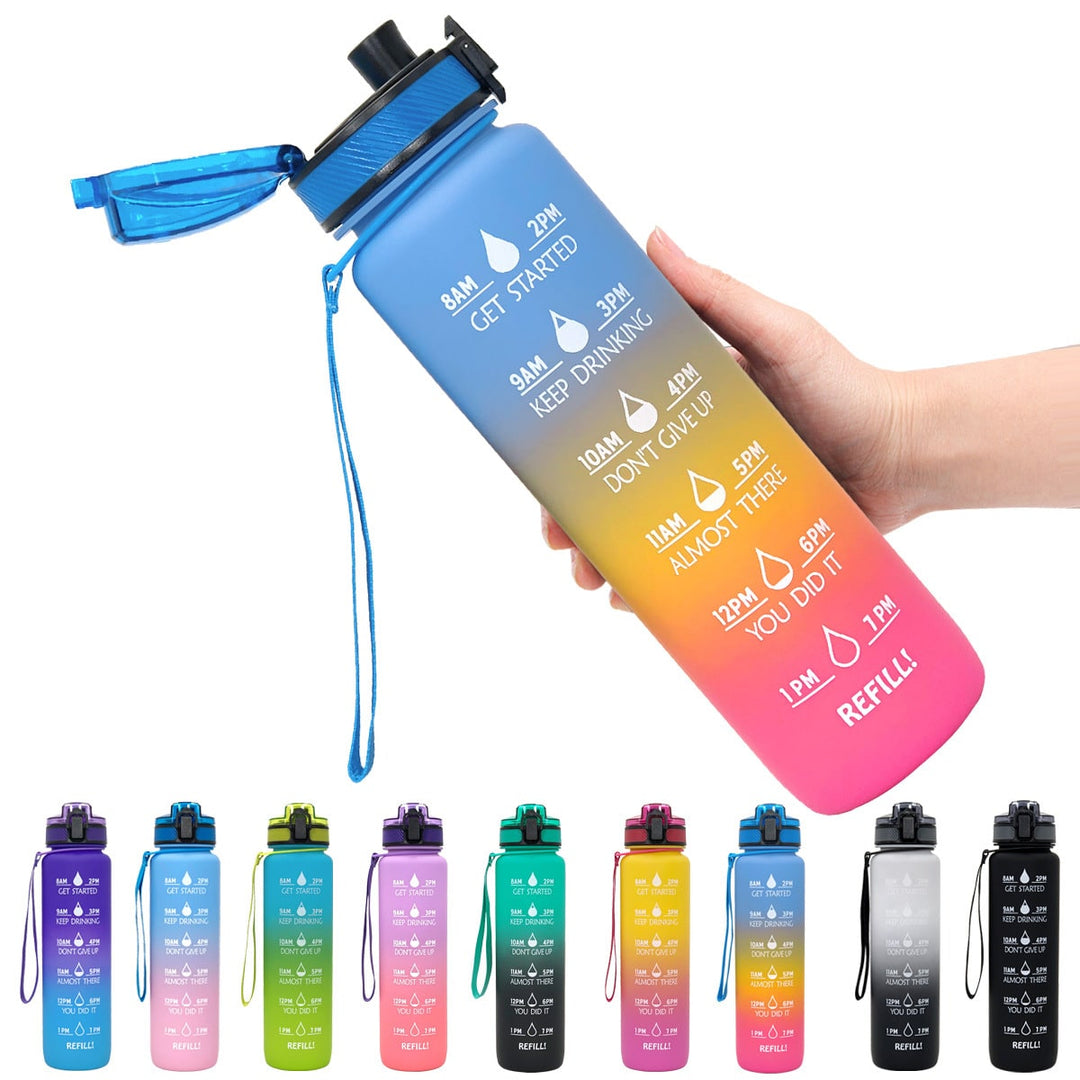 Motiverende waterfles 1 liter met tijdmarkeringen en fruitfilter
