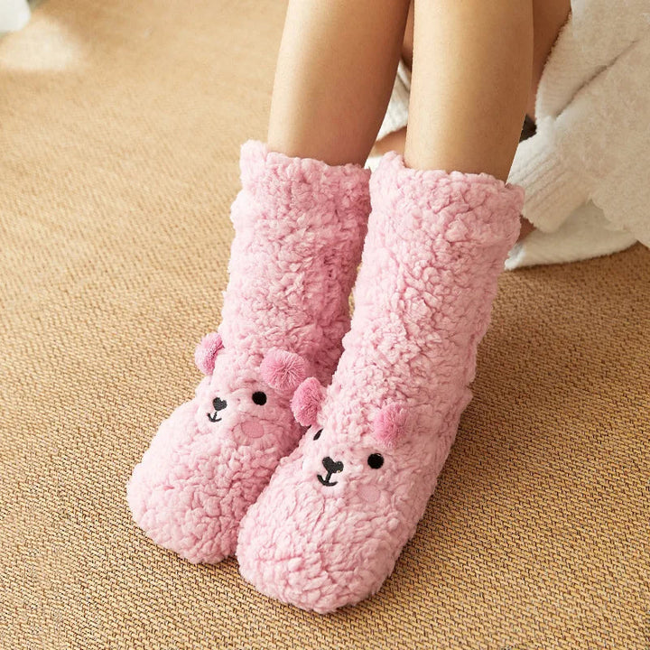Fleece sokken met beertje en antislipzool