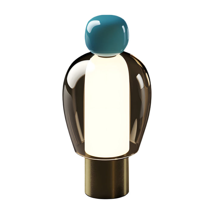 Draagbare glazen LED-tafellamp met figuursilhouet en metalen voet
