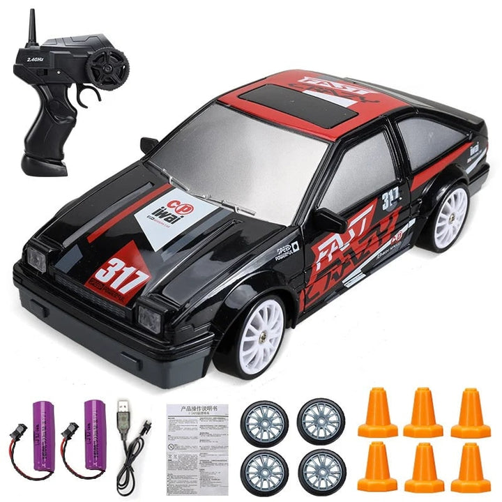 Mini RC driftauto met LED-koplampen en reservewielen